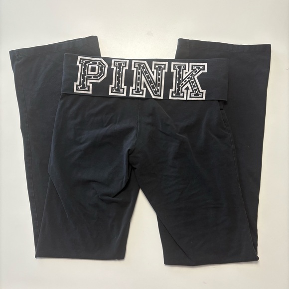 PINK Victoria's Secret Pants - Y2K Victoria’s Secret PINK black Foldover Yoga Pants, White Logo Waist, Size M